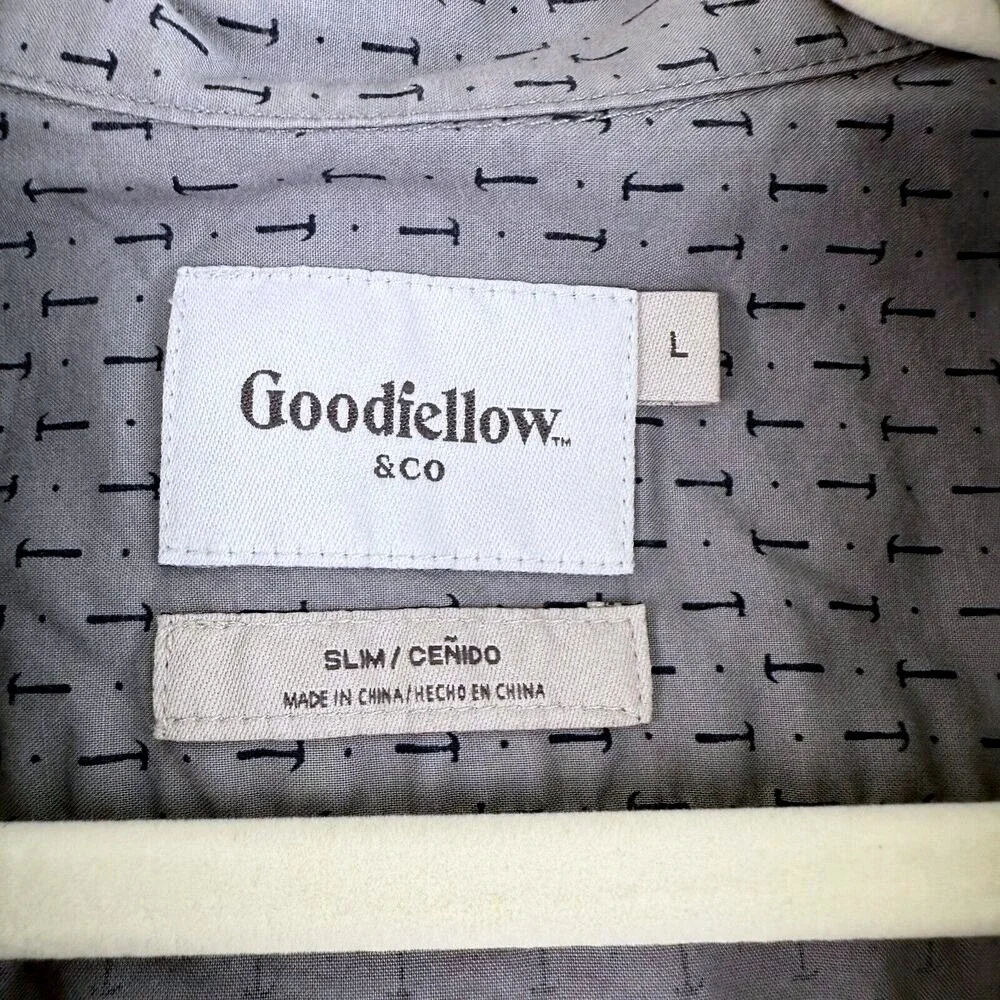 Goodfellow & Co Mens Slim Fit Button Up Shirt Size L Gray Hammers All Over Print